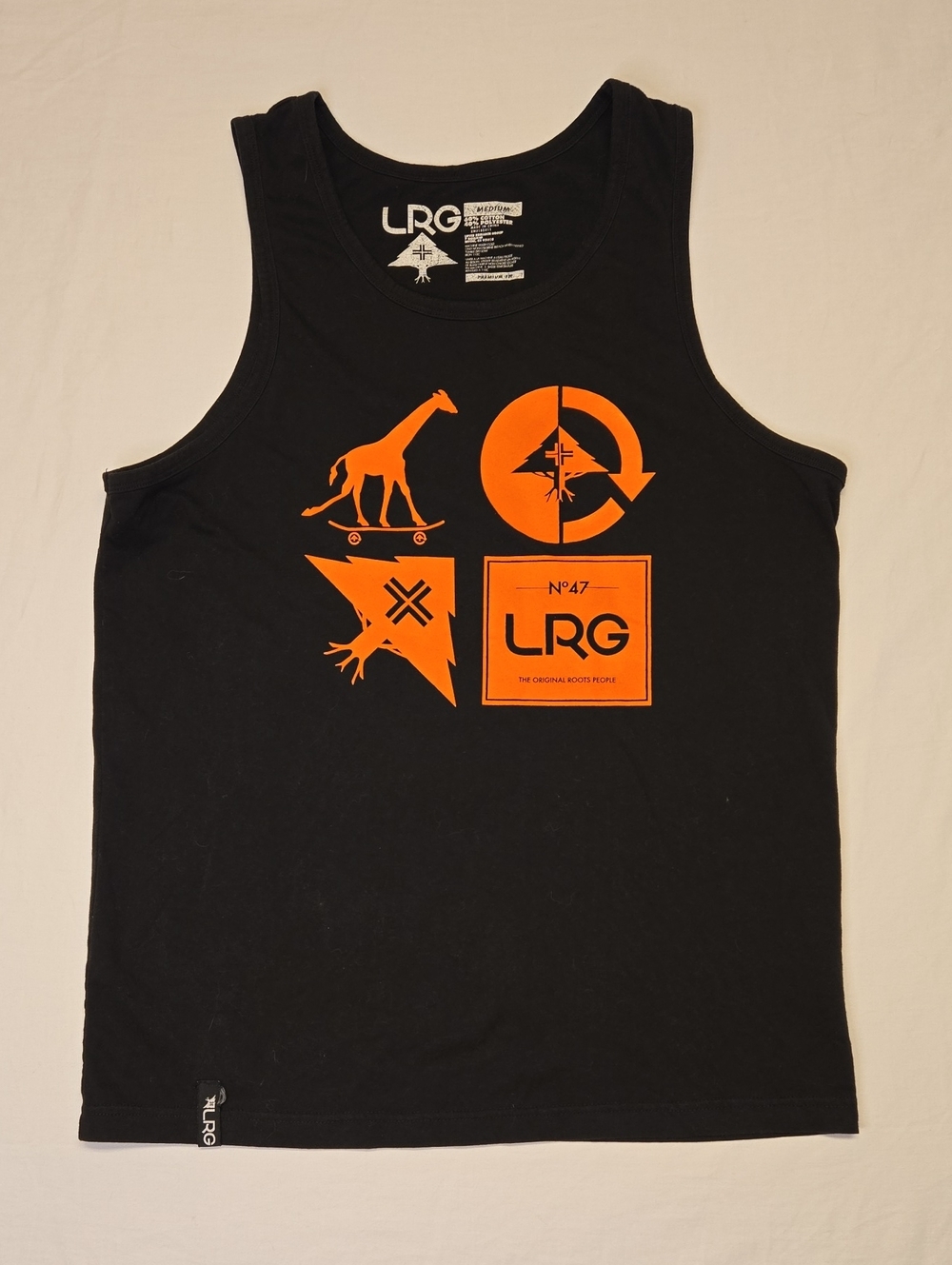 LRG Black Tank Top Muscle Shirt with Bright Orange Logo Blocks Vintage Y2K